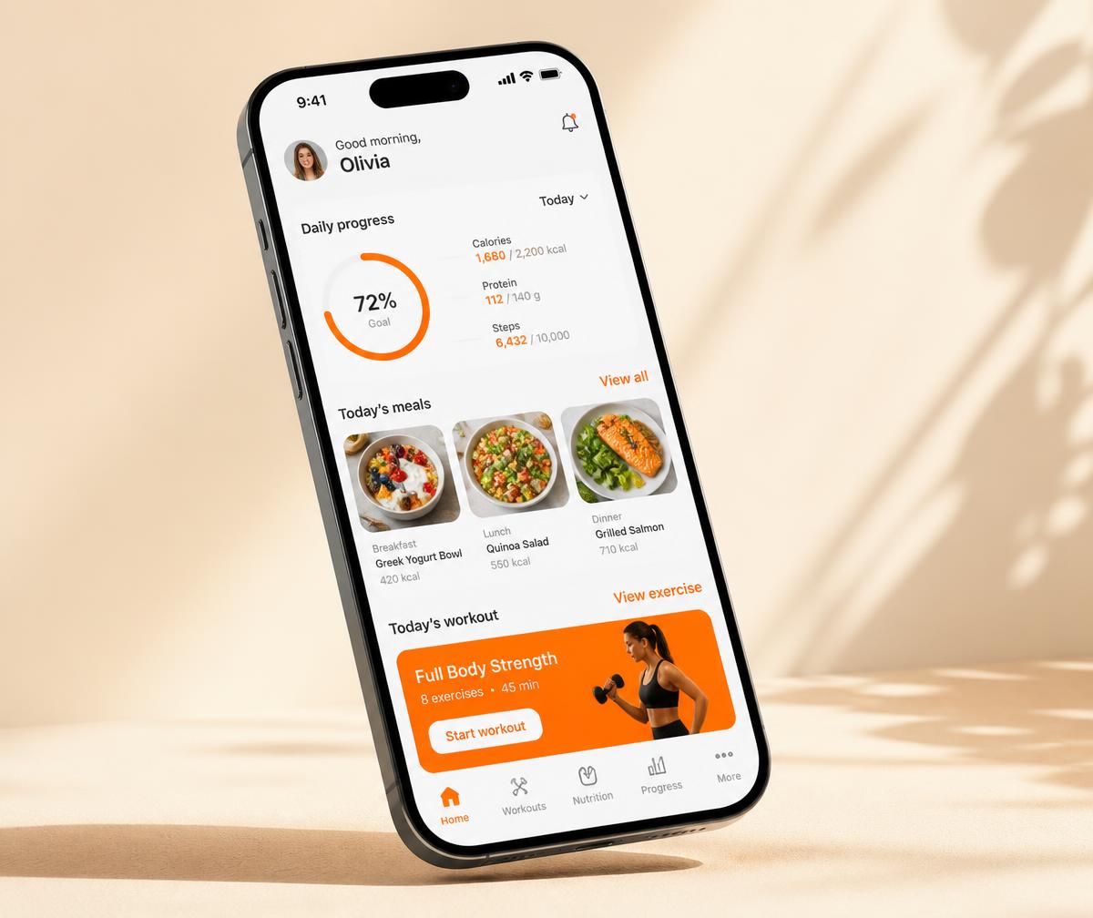 AI personalized fitness plan dashboard showing a custom meal and workout plan